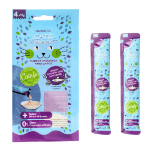 Delicioso Tubito Cremoso de Salmón con Matatabi y Hierba Gatera, con sabor a cangrejo y textura suave. Un snack gourmet ideal para mimar a tu gato con un toque de catnip.