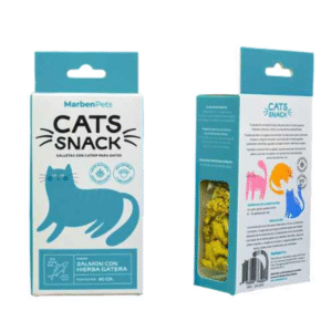 Cats Snacks Galletas de Salmón con Hierba Gatera, hechas con ingredientes 100% naturales. La hierba gatera estimula la actividad física, ofreciendo un snack sabroso y saludable para tu gato.