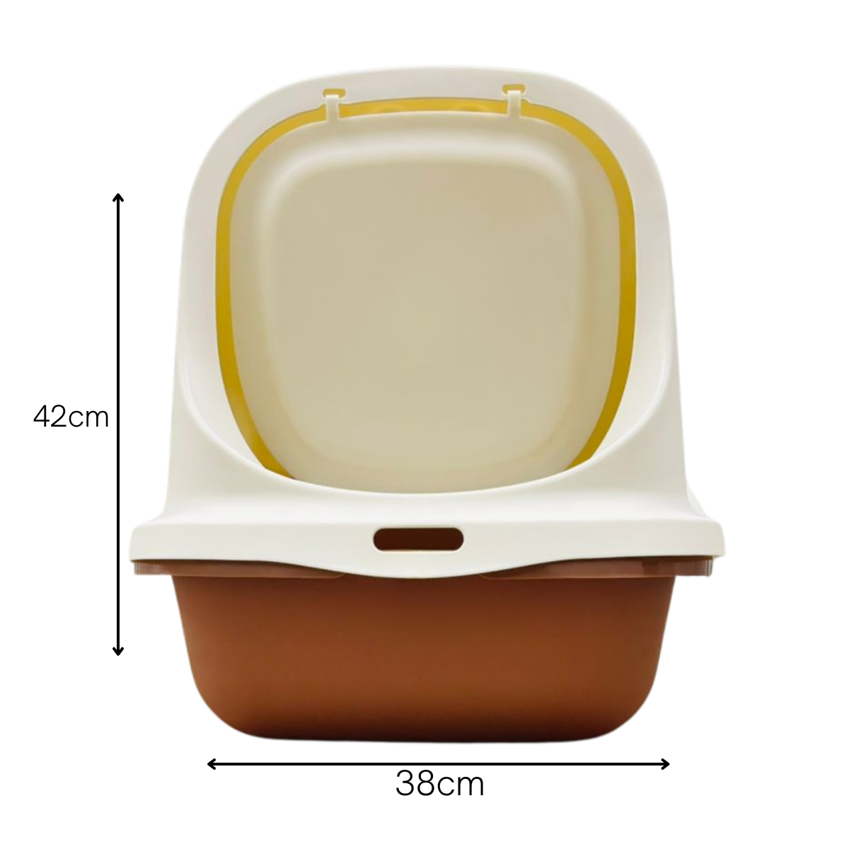 Sanitario cerrado para gatos con puerta abatible, tapa removible y base profunda. Ofrece privacidad, reduce la dispersión de arena y controla olores. Ideal para gatos que prefieren un espacio tranquilo y cómodo para su higiene.