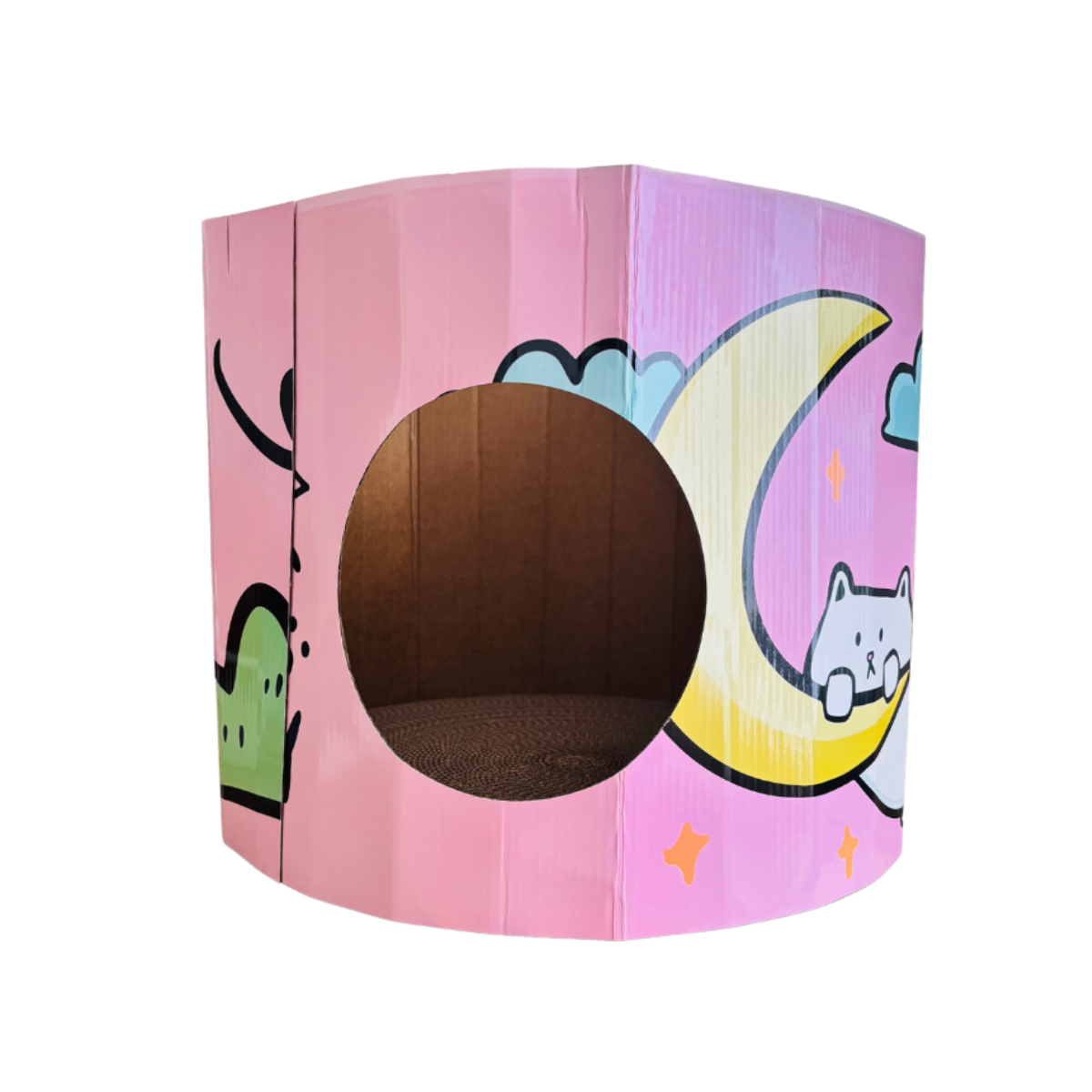 Casa de cartón con rascador para gatos, ideal para descanso y juego.