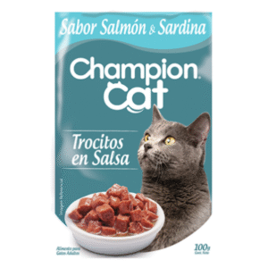 Comida húmeda para gatos adultos con salmón y sardina, de textura suave y fácil digestión. Rica en proteínas, ácidos grasos, vitaminas y minerales para una piel sana, pelaje brillante y bienestar general.
