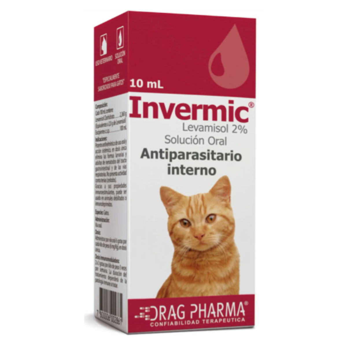 desparasitante Invermic para gatos: envase del producto junto a un gato saludable. Ideal para eliminar lombrices y tenias. Presentación oral, segura, de fácil administración y rápida acción. Apoya la salud digestiva y el bienestar general felino.
