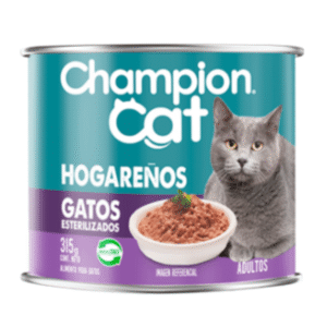 Lata de alimento húmedo Champion Cat Indoor sabor salmón, elaborada con ingredientes frescos y nutritivos, ideal para mantener la salud y bienestar de gatos que viven en interiores.