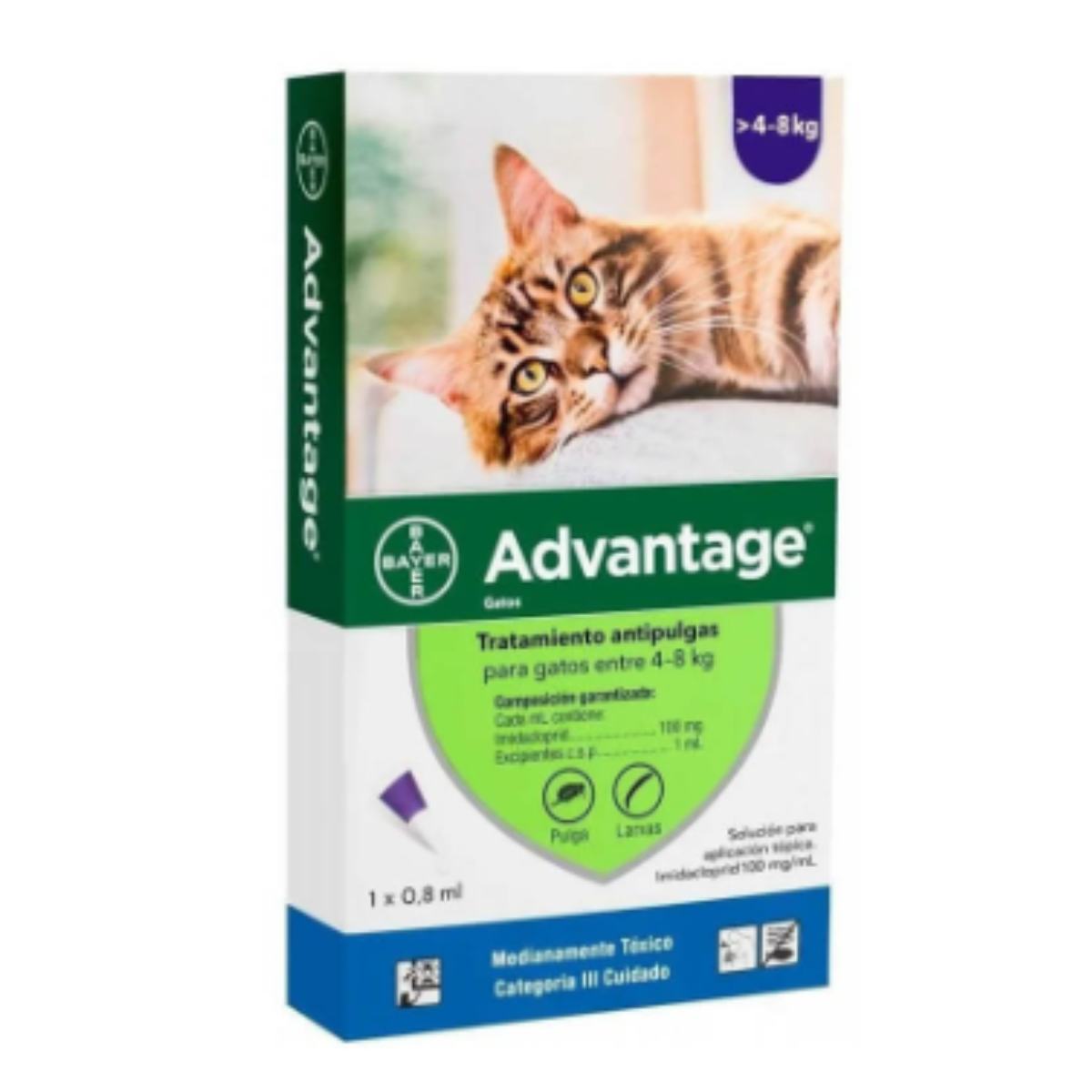 Advantage gatos, antiparasitario externo en pipeta, previene y elimina pulgas adultas en gatos. Aplicación fácil y cómoda, elimina el 100% de pulgas en 12 horas.