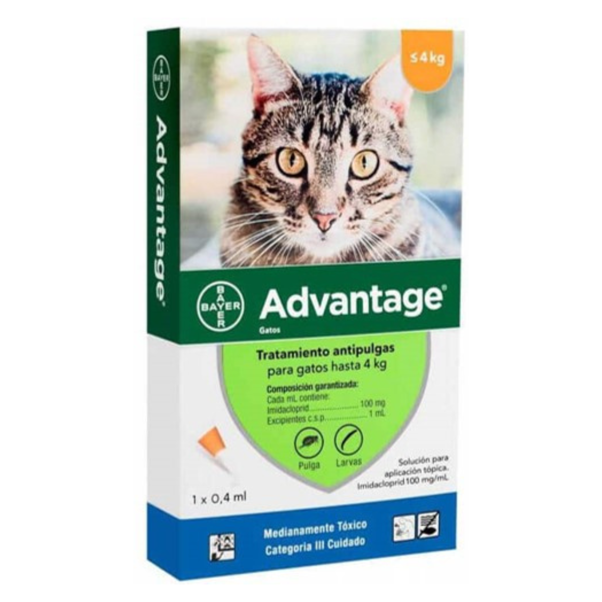 pipeta Advantage para gatos, antiparasitario externo de fácil aplicación que elimina pulgas adultas en 12 horas y previene nuevas infestaciones. Ideal para proteger la salud de tu gato.