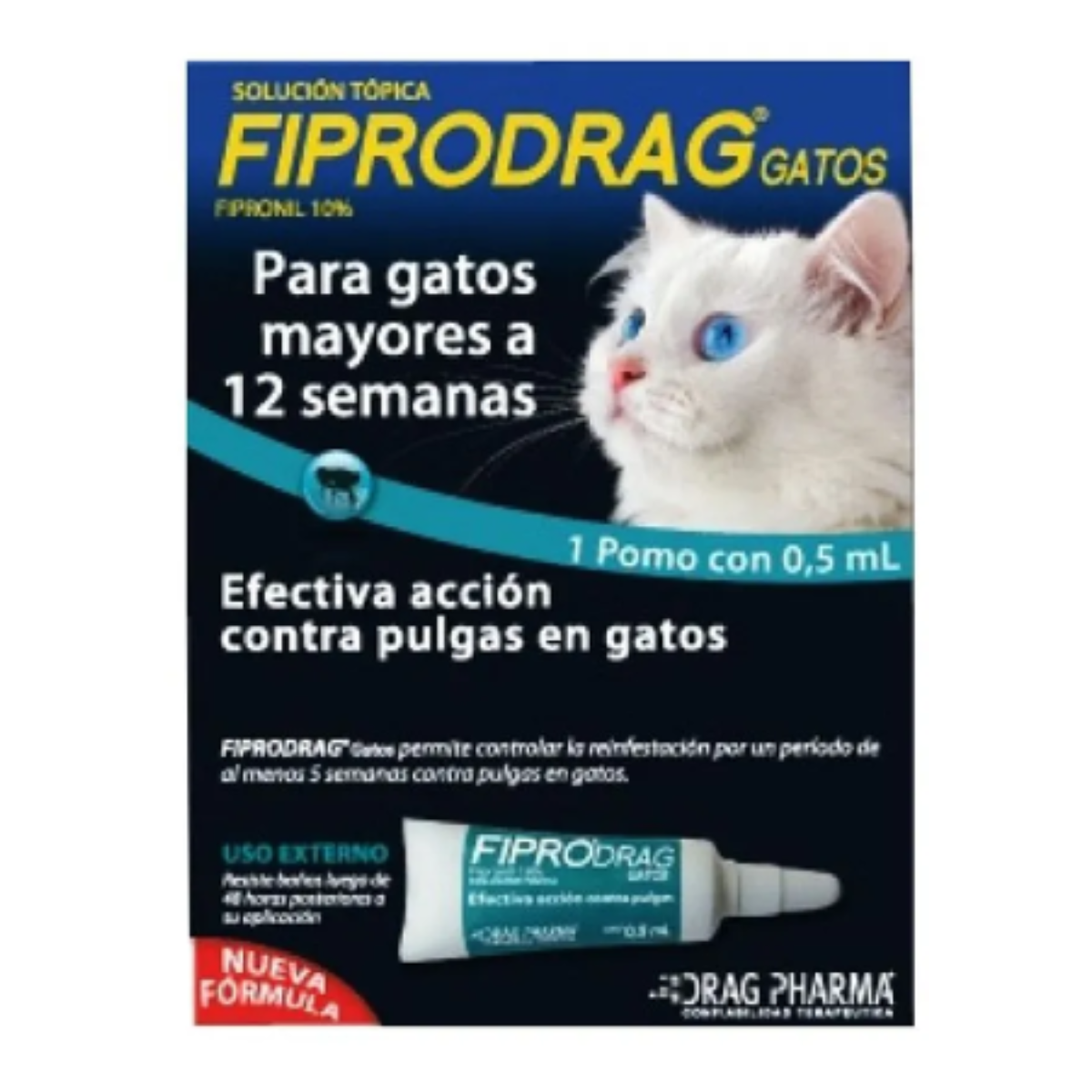 pipeta antiparasitaria para gatos, indicada para el control y prevención de pulgas, garrapatas y piojos. Presentación con texto informativo sobre su fácil aplicación, acción rápida y protección prolongada. Ideal para gatos mayores de 8 semanas.